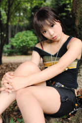 Rule 34 | 1girl, asian, bling, blurry, bra, breasts, brown eyes, brown hair, depth of field, hugging own legs, jewelry, kipi-san, leaf, looking at viewer, mole, on ground, outdoors, park, pendant, photo (medium), ring, short hair, shorts, sitting, small breasts, solo, strap slip, tank top, tree, underwear