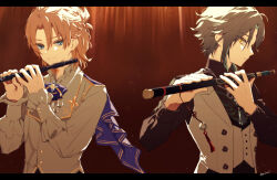 Rule 34 | 2boys, albedo (genshin impact), black hair, black shirt, blonde hair, blue eyes, dizi, facial mark, facing to the side, facing viewer, flute, forehead mark, genshin impact, gnmakosn, green hair, grey shirt, grey vest, highres, holding, holding instrument, instrument, long sleeves, looking at viewer, male focus, multicolored hair, multiple boys, shirt, short hair, transverse flute, vest, xiao (genshin impact), yellow eyes