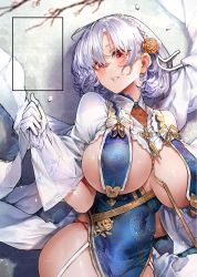 Rule 34 | 1girl, azur lane, blush, braid, breast curtains, breasts, china dress, chinese clothes, covered navel, dress, flower, garter straps, gloves, grey dress, grin, hair flower, hair ornament, half gloves, highres, large breasts, looking at viewer, official alternate costume, open mouth, pelvic curtain, red eyes, revealing clothes, ribbon between breasts, short hair, side braid, signo aaa, sirius (azur lane), sirius (azure horizons) (azur lane), smile, solo, white gloves, white hair