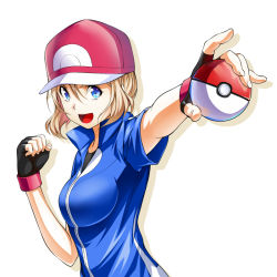 Rule 34 | 1girl, ash ketchum, ash ketchum (cosplay), bad id, bad pixiv id, baseball cap, blonde hair, blue eyes, blush, breasts, cosplay, creatures (company), fingerless gloves, game freak, gloves, hat, kamura poke, looking at viewer, nintendo, open mouth, pokemon, pokemon (anime), pokemon xy (anime), serena (pokemon), short hair, smile, solo, white background