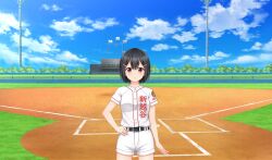 1girl baseball_stadium baseball_uniform belt belt_buckle black_belt black_hair blue_sky brown_eyes buckle cinderella_series closed_mouth cloud flag game_cg hachigatsu_no_cinderella_nine hair_ornament hairclip hand_on_own_hip highres looking_at_viewer non-web_source official_art outdoors scoreboard shirt short_hair short_sleeves shorts sky solo sportswear standing tamayomi white_shirt white_shorts yamazaki_tamaki