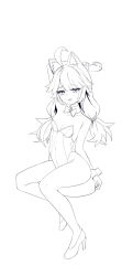 Rule 34 | 1girl, ahoge, animal ear fluff, animal ears, aningay, arm behind head, arm up, bare shoulders, bow, bowtie, collarbone, full body, greyscale, high heels, highres, long hair, looking at viewer, low twintails, monochrome, open mouth, original, shoes, simple background, solo, thick eyebrows, twintails, white background, wrist cuffs