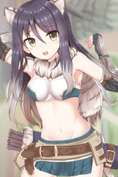 Rule 34 | 1girl, :o, absurdres, animal ear fluff, animal ears, arm up, armor, armpits, arrow (projectile), bandeau, bare shoulders, belt, black gloves, black hair, blurry, blurry background, blush, breasts, cleavage, commentary request, cowboy shot, depth of field, fingerless gloves, fur collar, gauntlets, gloves, green skirt, groin, hair between eyes, hand up, highres, long hair, looking at viewer, masa masa, medium breasts, midriff, multicolored hair, navel, open mouth, pleated skirt, princess connect!, quiver, shiori (princess connect!), shoulder armor, side slit, skirt, solo, standing, stomach, sweat, tail, two-tone hair, white hair, yellow eyes