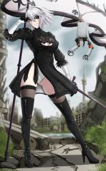 Rule 34 | 1girl, 2b (nier:automata), 2b (nier:automata) (cosplay), absurdres, ahoge, arm up, black dress, blindfold, blindfold lift, boots, breasts, cleavage, cleavage cutout, clothing cutout, contrapposto, cosplay, dress, fate/grand order, fate (series), flag, full body, gluteal fold, high heel boots, high heels, highres, holding, holding sword, holding weapon, isane, jeanne d&#039;arc alter (avenger) (fate), jeanne d&#039;arc alter (fate), large breasts, lifting own clothes, looking at viewer, nier:automata, nier (series), parted lips, planted, pod (nier:automata), puffy sleeves, ruins, short dress, short hair, sword, thigh boots, thighhighs, thighs, turtleneck, turtleneck dress, weapon, white hair, yellow eyes