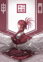 Rule 34 | 1girl, 2017, blush, chinese zodiac, closed mouth, feathered wings, folded ponytail, from side, grey wings, hair between eyes, hakama, hakama skirt, highres, japanese clothes, kaneni, looking up, original, pillow, pleated skirt, red eyes, red hair, red skirt, seiza, sidelocks, sitting, skirt, smile, solo, wings, year of the rooster
