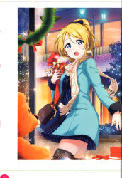 Rule 34 | 10s, 1girl, absurdres, ayase eli, bag, blonde hair, blue eyes, christmas lights, christmas ornaments, coat, detached sleeves, dress, highres, holding, love live!, love live! school idol festival, love live! school idol project, non-web source, open mouth, outdoors, ponytail, ribbon, scan, scarf, short dress, solo, striped clothes, striped dress, stuffed animal, stuffed toy, teddy bear, vertical-striped clothes, vertical-striped dress, winter clothes, winter coat