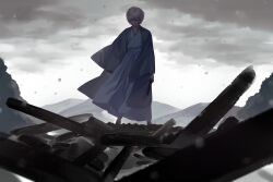 Rule 34 | 1boy, absurdres, angry, arms at sides, blood, blood on face, blood on hands, blue hakama, blurry, child, clenched teeth, cloud, cloudy sky, copyright request, depth of field, floating clothes, grey hair, grey jacket, hair over one eye, hakama, haori, highres, holding, jacket, japanese clothes, kimono, long sleeves, looking at viewer, male focus, mountainous horizon, okurase, outdoors, ruins, short hair, sky, snowing, solo, standing, teeth, white kimono, wide shot, wide sleeves