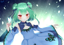 Rule 34 | 1girl, :o, artist name, blush, bug, butterfly, detached sleeves, double bun, earrings, flat chest, green hair, hair between eyes, hair bun, hair ornament, hair ribbon, hololive, insect, jewelry, lolita fashion, looking at viewer, naomi (fantasia), parted lips, red eyes, ribbon, skull hair ornament, solo, uruha rushia, uruha rushia (1st costume), virtual youtuber