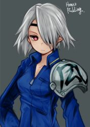 Rule 34 | 1girl, armor, breasts, closed mouth, eyepatch, final fantasy, final fantasy viii, fuujin (ff8), grey hair, hair over one eye, highres, puddinghomhom, red eyes, short hair, shoulder armor, simple background, small breasts, solo, zipper pull tab