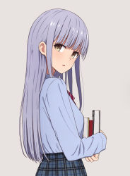 Rule 34 | 1girl, blue shirt, blue skirt, book, bow, bowtie, breasts, brown eyes, commentary request, from side, grey background, grey hair, highres, holding, holding book, light smile, long hair, long sleeves, looking at viewer, looking to the side, original, parted lips, plaid, plaid skirt, purple neckwear, shirt, simple background, skirt, small breasts, solo, straight hair, striped bow, striped bowtie, striped clothes, striped neckwear, upper body, yahiro (epicopeiidae)