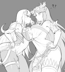 Rule 34 | 2girls, absurdres, ancient greek clothes, armlet, bagelbomb, breast press, breasts, chest jewel, chiton, dress, earrings, elbow gloves, forehead jewel, gem, gloves, greyscale, headpiece, highres, jewelry, kid icarus, kid icarus uprising, large breasts, long hair, monochrome, multiple girls, mythra (massive melee) (xenoblade), mythra (xenoblade), nintendo, palutena, pantyhose, pendant, side slit, strapless, strapless dress, super smash bros., swept bangs, thighhighs, tiara, vambraces, very long hair, xenoblade chronicles (series), xenoblade chronicles 2