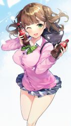 Rule 34 | 1girl, ;d, bag, blunt bangs, blush, bottle, bow, bowtie, breasts, brown hair, cardigan, coca-cola, drink, green bow, green eyes, highres, holding, holding drink, large breasts, long sleeves, looking at viewer, miniskirt, one eye closed, open mouth, pink cardigan, pleated skirt, ringozaka mariko, school bag, school uniform, skirt, smile, twintails