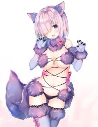 Rule 34 | 1girl, animal ears, bad id, bad twitter id, breasts, claw pose, commentary request, contrapposto, elbow gloves, fate/grand order, fate (series), fur collar, fur trim, gloves, hair over one eye, kanora, large breasts, looking at viewer, mash kyrielight, mash kyrielight (dangerous beast), navel, o-ring, official alternate costume, purple eyes, purple gloves, purple hair, purple thighhighs, revealing clothes, short hair, simple background, smile, solo, standing, tail, thigh gap, thighhighs, white background, wolf ears, wolf tail