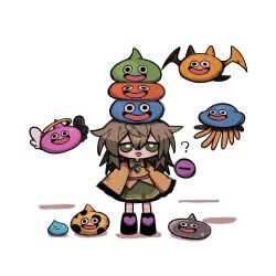 Rule 34 | 1girl, :3, ?, angel slime, angel wings, animal, animal on head, bat wings, black footwear, blush, boots, bright pupils, buttons, collar, collared shirt, diamond (shape), diamond button, disembodied eye, disembodied limb, dragon quest, drake slime, floating, flying, frilled shirt, frilled shirt collar, frilled skirt, frilled sleeves, frills, green collar, green eyes, green hair, green skirt, hair between eyes, halo, healslime, heart button, highres, horns, komeiji koishi, long hair, metal slime, mottle slime, on head, open mouth, orange wings, shirt, simple background, skirt, slime (dragon quest), slime stack, smile, third eye, touhou, white background, white pupils, white wings, wide sleeves, wings, yellow shirt, zunusama