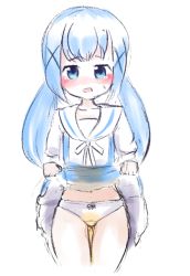 Rule 34 | 1girl, alternate hairstyle, blue eyes, blue hair, blush, bow, bow panties, clothes lift, collarbone, cowboy shot, cropped legs, dress, dress lift, embarrassed, female focus, flat chest, gluteal fold, gochuumon wa usagi desu ka?, hair ornament, hands up, kafuu chino, lifting own clothes, long hair, looking at viewer, navel, nose blush, open mouth, panties, pee, peed self, short sleeves, simple background, skindentation, solo, standing, sweat, tako238, tears, thigh gap, twintails, underwear, wet, wet clothes, wet panties, white background, white panties, x hair ornament