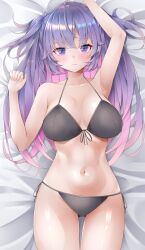 Rule 34 | 1girl, absurdres, amepon, arm up, armpits, bare shoulders, bikini, black bikini, blue archive, blush, breasts, closed mouth, collarbone, expressionless, fang, front-tie bikini top, front-tie top, gradient hair, highres, large breasts, long hair, looking at viewer, lying, multicolored hair, navel, on back, on bed, pink hair, purple eyes, purple hair, side-tie bikini bottom, solo, stomach, swimsuit, two side up, yuuka (blue archive)