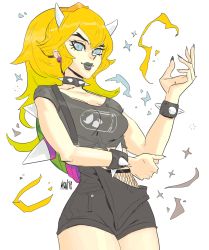Rule 34 | 1girl, 2018, blonde hair, blue eyes, bowsette, bracelet, breasts, bullet bill, casual, collar, crown, earrings, eyeliner, fang, felipe magana, fingernails, fishnets, front-tie top, grey lips, highres, horns, jewelry, makeup, mario (series), medium breasts, new super mario bros. u deluxe, nintendo, no tail, ponytail, punk, sharp fingernails, shirt, shorts, solo, spiked bracelet, spiked collar, spiked shell, spikes, standing, suspender shorts, suspenders, t-shirt, thick eyebrows, turtle shell