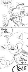 Rule 34 | 2boys, 2koma, absurdres, anger vein, animal ears, animal nose, banri 0917, body fur, closed eyes, closed mouth, comic, commentary request, fox boy, fox ears, fox tail, furry, furry male, gloves, greyscale, highres, holding, holding brush, korean commentary, korean text, looking at another, male focus, monochrome, multiple boys, multiple tails, open mouth, simple background, smile, sonic (series), sonic the hedgehog, speech bubble, spoken anger vein, standing, tail, tails (sonic), translation request, two tails, white background