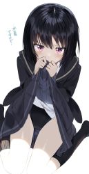 Rule 34 | 1girl, amagami, black hair, black jacket, black legwear, black one-piece swimsuit, black skirt, closed mouth, clothes lift, collared shirt, commentary request, dress shirt, hair between eyes, hands up, highres, jacket, lifted by self, long sleeves, looking at viewer, nanasaki ai, no shoes, one-piece swimsuit, open clothes, open jacket, pentagon (railgun ky1206), pleated skirt, puffy long sleeves, puffy sleeves, purple eyes, ribbed legwear, shirt, simple background, sitting, skirt, skirt lift, sleeves past wrists, solo, swimsuit, swimsuit under clothes, translation request, wariza, white background, white shirt