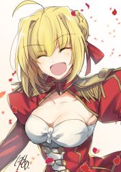 Rule 34 | 10s, 1girl, :d, ^ ^, ahoge, blonde hair, blush, braid, breasts, cleavage, cleavage cutout, closed eyes, clothing cutout, collarbone, epaulettes, fate/extra, fate (series), hair ribbon, happy, highres, medium breasts, nero claudius (fate), nero claudius (fate) (all), nero claudius (fate/extra), nikame, open mouth, petals, ribbon, signature, smile, solo, upper body