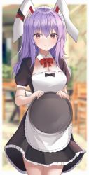 Rule 34 | 1girl, alternate costume, animal ears, aohane, apron, blurry, blurry background, blurry foreground, bow, bowtie, breasts, depth of field, enmaided, highres, holding, holding tray, light smile, long hair, looking at viewer, maid, purple hair, rabbit ears, red bow, reisen udongein inaba, solo, touhou, tray