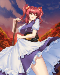 Rule 34 | 1girl, blush, breasts, fumizuki homura, hair bobbles, hair ornament, large breasts, obi, onozuka komachi, open mouth, red eyes, red hair, sash, scythe, short hair, skirt, smile, solo, touhou, twintails, two side up