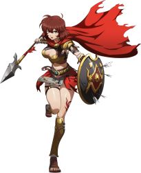 Rule 34 | 1girl, :d, armor, arrow (projectile), bandaged arm, bandaged hand, bandages, black panties, boobplate, breastplate, breasts, brown eyes, brown hair, cape, cleavage, flare (langrisser), full body, hair between eyes, highres, holding, holding polearm, holding shield, holding weapon, langrisser, langrisser iii, large breasts, leg tattoo, looking at viewer, midriff, miniskirt, navel, official art, open mouth, panties, polearm, red cape, red skirt, shield, shiny skin, short hair, skirt, smile, solo, standing, standing on one leg, stomach, tattoo, thigh gap, thigh strap, toeless legwear, torn cape, torn clothes, transparent background, underwear, weapon