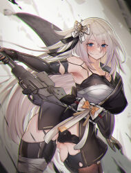 Rule 34 | 1girl, a2 (nier:automata), bare shoulders, black camisole, black gloves, black kimono, black panties, black thighhighs, blue eyes, blush, breasts, camisole, elbow gloves, gloves, goddess of victory: nikke, greatsword, hair ornament, highres, japanese clothes, joints, kimono, large breasts, long hair, long sleeves, looking at viewer, mole, mole under mouth, nier:automata, nier (series), obi, panties, robot joints, sarashi, sash, short kimono, single bare shoulder, solo, sword, thighhighs, thighs, underwear, ura illust, weapon, white hair