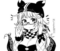 Rule 34 | 1girl, animal ear headwear, arknights, breasts, checkered clothes, checkered scarf, cleavage, cleavage cutout, clothing cutout, deepcolor (arknights), dress, fake animal ears, glasses, greyscale, highres, large breasts, long sleeves, looking at viewer, monochrome, notice lines, scarf, semi-rimless eyewear, short hair, simple background, sketch, solo, tentacles, twitter username, under-rim eyewear, white background, yom (ymayma00ss)