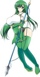 Rule 34 | 1girl, boots, breast hold, breasts, elbow gloves, female focus, fingerless gloves, fire emblem, fire emblem: mystery of the emblem, gloves, green eyes, green hair, huge breasts, leaning forward, legs, long hair, matching hair/eyes, nintendo, palla (fire emblem), polearm, simple background, solo, spear, standing, thighhighs, weapon, wedge (tyrl stride), white background