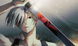 Rule 34 | 2girls, arm up, black tank top, chainsaw man, champi, collared shirt, dust, eyepatch, grey background, grey hair, highres, holding, holding weapon, long hair, looking at viewer, makima (chainsaw man), medium hair, multiple girls, ponytail, quanxi (chainsaw man), red eyes, red hair, reflection, ringed eyes, shirt, sidelocks, tank top, weapon