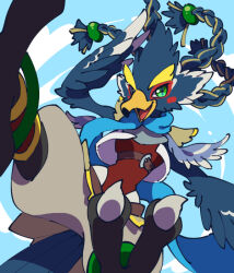 Rule 34 | 1boy, animal feet, anklet, arm up, beak, bird boy, bird legs, bird tail, blue background, blue fur, blue hair, blue scarf, blue sky, blush stickers, body fur, braid, claws, cloud, day, feet, from below, furry, furry male, green eyes, grey fur, hair tie, happy, jewelry, long hair, looking at viewer, male focus, multicolored fur, nintendo, open mouth, outdoors, quad tails, revali, rito, scarf, sky, smile, solo, spread legs, tail, the legend of zelda, the legend of zelda: breath of the wild, ukata, white fur, winged arms, wings