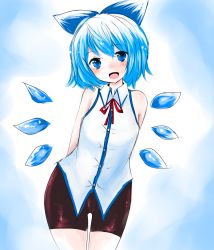 Rule 34 | 1girl, alternate costume, arms behind back, bare shoulders, bike shorts, blue eyes, blue hair, blush, bow, cirno, detached wings, hair bow, han (jackpot), ice, ice wings, matching hair/eyes, open mouth, ribbon, short hair, sleeveless, smile, solo, thigh gap, touhou, wings