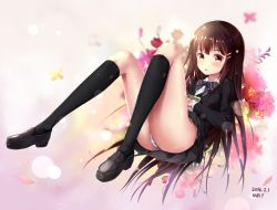 Rule 34 | 10s, 1girl, 2016, :o, ass, bad id, black footwear, black jacket, black skirt, black socks, blazer, blush, book, bow, bowtie, brown hair, collared shirt, crest, dated, diagonal stripes, floral background, flower, full body, hair ornament, hairclip, hands on stomach, jacket, kneehighs, knees up, lens flare, loafers, long hair, long sleeves, looking at viewer, napalmbit, open mouth, original, own hands together, panties, reclining, school uniform, shiny skin, shirt, shoes, signature, skirt, socks, solo, striped bow, striped bowtie, striped clothes, striped neckwear, striped panties, underwear, uniform, upskirt, very long hair