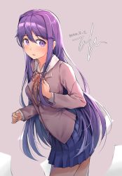Rule 34 | 1girl, blue skirt, blush, commentary, cowboy shot, dated, doki doki literature club, english commentary, grey background, grey jacket, hair between eyes, hair ornament, hairclip, hand on own chest, highres, jacket, long hair, long sleeves, looking at viewer, open mouth, paper, pleated skirt, purple eyes, purple hair, school uniform, shirt, sidelocks, signature, simple background, skirt, solo, tofumang, very long hair, white shirt, wing collar, yuri (doki doki literature club)