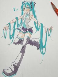 Rule 34 | 1girl, aqua eyes, aqua hair, aqua necktie, arm tattoo, bare arms, bare shoulders, black footwear, black skirt, black thighhighs, colored pencil (medium), eighth note, full body, hair between eyes, hatsune miku, highres, long hair, looking at viewer, musical note, necktie, no detached sleeves, number tattoo, outstretched arms, photo (medium), shirt, shoes, shoulder tattoo, skirt, sleeveless, sleeveless shirt, smile, sochira, solo, tattoo, thighhighs, traditional media, twintails, very long hair, vocaloid, white shirt