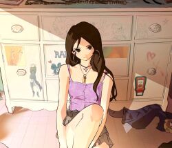 Rule 34 | 1girl, bare arms, black skirt, brown eyes, brown hair, closed mouth, commentary, cowboy shot, cross, cross necklace, earrings, english commentary, expressionless, highres, indoors, jewelry, kimura 731, knee up, locker, long hair, looking at viewer, necklace, on floor, original, shadow, sidelocks, sitting, skirt, sleeveless, solo, window shadow