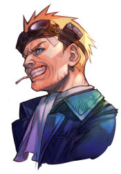 Rule 34 | 1boy, bandaid, bandaid on face, blonde hair, blue eyes, blue jacket, cid highwind, cigarette, cropped torso, facial hair, final fantasy, final fantasy vii, goggles, goggles on head, hungry clicker, jacket, male focus, mouth hold, portrait, short hair, simple background, solo, square enix, stubble, teeth hold, white background