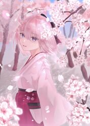 Rule 34 | 1girl, ahoge, black bow, bow, cherry blossoms, commentary request, fate/grand order, fate (series), floating hair, flower, hair bow, hakama, highres, japanese clothes, kimono, koha-ace, looking at viewer, obi, okita souji (fate), okita souji (koha-ace), petals, pink flower, pink hair, pink kimono, purple eyes, sash, short hair, smile, solo, suwa (swk kkk), wide sleeves