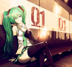 Rule 34 | 1girl, adjusting clothes, adjusting necktie, arm support, black thighhighs, crossed legs, detached sleeves, green eyes, green hair, hatsune miku, highres, infinote, long hair, matching hair/eyes, necktie, solo, tattoo, thighhighs, thighs, twintails, very long hair, vocaloid