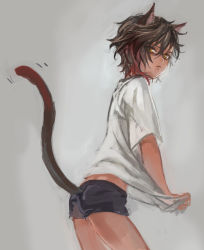 Rule 34 | 10s, 1boy, animal ears, brown hair, cat boy, cat ears, cat tail, child, closed mouth, clothes pull, cowboy shot, dark skin, from side, grey background, looking at viewer, male focus, multicolored hair, ookurikara, personification, red hair, shirt, shirt pull, short shorts, shorts, simple background, solo, t-shirt, tail, touken ranbu, yamakawa umi, yellow eyes, aged down