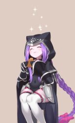 Rule 34 | 1girl, black cape, black capelet, black gloves, black leotard, bow, braid, brown background, cake, cape, capelet, collar, commentary request, covered navel, eating, closed eyes, fate/grand order, fate (series), food, gloves, hair bow, highres, leotard, long braid, long hair, low-tied long hair, medusa (fate), medusa (lancer) (fate), medusa (rider) (fate), ponytail, purple hair, ribbon, rider, saruchitan, simple background, single braid, smile, solo, sparkle, thigh strap, thighhighs, very long hair, white thighhighs