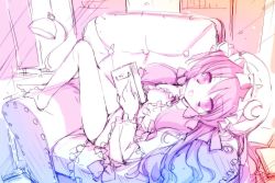 Rule 34 | 1girl, bare legs, barefoot, blush, book, bottomless, chair, crescent, female focus, gotou nao, hat, legs, lying, monochrome, no pants, open book, open clothes, open mouth, open shirt, panties, patchouli knowledge, purple eyes, purple hair, purple theme, reading, shirt, sketch, solo, touhou, underwear
