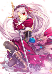 Rule 34 | 1girl, black thighhighs, blood, blood splatter, blue flower, blue rose, boots, breasts, capura lin, chain, cleavage, dress, earrings, expressionless, flower, hairband, heterochromia, holding, holding sword, holding weapon, jewelry, light purple hair, lolita fashion, lolita hairband, long sleeves, looking at viewer, original, parted bangs, petals, pointy ears, puffy long sleeves, puffy sleeves, purple hair, red eyes, rose, simple background, sword, thighhighs, torn clothes, torn legwear, torn sleeves, tsurime, weapon, white background, yellow eyes