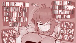 Rule 34 | 1girl, ahoge, ana (ekz), android, breasts, closed eyes, collarbone, cropped, ekz (robotekz), english text, facial mark, holding another&#039;s leg, implied paizuri, large breasts, motion lines, original, short hair, sidelocks, sound effects, speech bubble