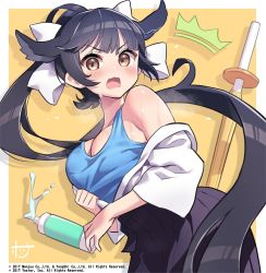 Rule 34 | 1girl, alternate costume, animal ears, azur lane, black hair, blush, bow, breasts, brown eyes, dog ears, drink, hair bow, hair ears, hair flaps, hori (hori no su), japanese clothes, large breasts, long hair, looking at viewer, official art, ponytail, shinai, signature, solo, surprised, sword, takao (azur lane), weapon