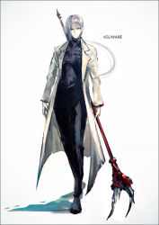 Rule 34 | 1boy, arms at sides, artist name, black footwear, black pants, black shirt, closed mouth, commentary request, full body, green eyes, holding, holding weapon, jigoku sensei nube, k-suwabe, lab coat, long hair, long sleeves, looking at viewer, male focus, pants, shadow, shirt, shoes, silver hair, simple background, smile, solo, standing, tamamo kyousuke, turtleneck, weapon, white background