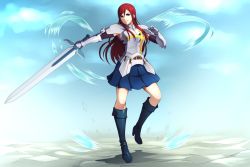 Rule 34 | 1girl, armor, bluefeather86, boots, erza scarlet, fairy tail, highres, long hair, non-web source, red hair, skirt, solo, sword, weapon