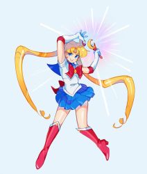 Rule 34 | 1girl, arms up, bishoujo senshi sailor moon, blonde hair, blue eyes, boots, bow, crescent, crescent earrings, earrings, elbow gloves, full body, gloves, holding, jewelry, long hair, moon stick, parted bangs, parted lips, red bow, red footwear, sailor moon, sailor senshi uniform, smile, solo, tsukino usagi, twintails, very long hair, zambiie