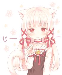 Rule 34 | 1girl, animal ears, bell, black dress, blush, cat ears, cat girl, cat tail, choker, closed mouth, collarbone, collared shirt, commentary request, dress, floral background, hair ribbon, hand up, jingle bell, light brown hair, long hair, long sleeves, looking at viewer, original, red choker, red eyes, red ribbon, ribbon, sakurato ototo shizuku, shirt, sleeveless, sleeveless dress, sleeves past wrists, solo, tail, tail raised, tears, upper body, white background, white shirt